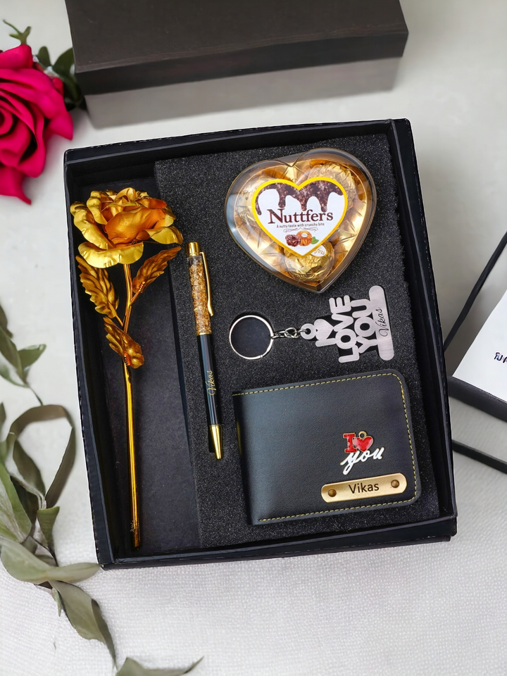 Valentine's Gift Set: Personalized Wallet, Chocolate, Keychain, Rose, Pen