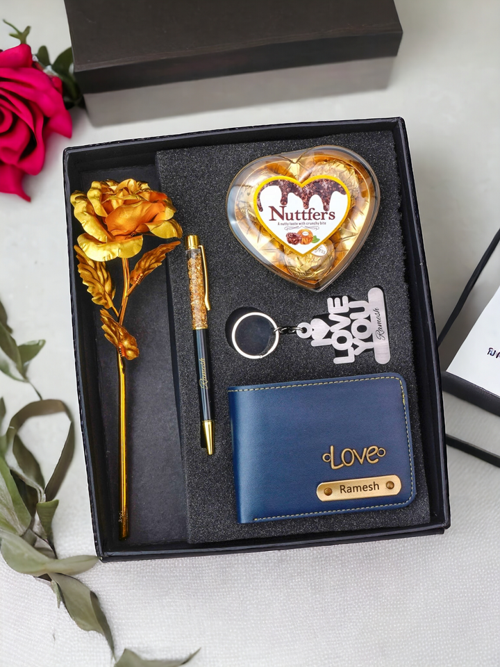 Valentine's Gift Set: Personalized Wallet, Chocolate, Keychain, Rose, Pen