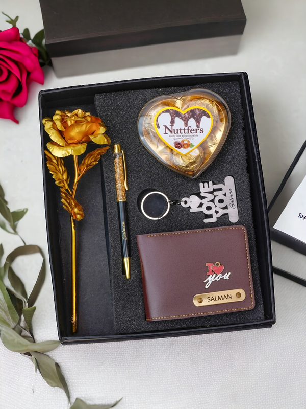 Valentine's Gift Set: Personalized Wallet, Chocolate, Keychain, Rose, Pen