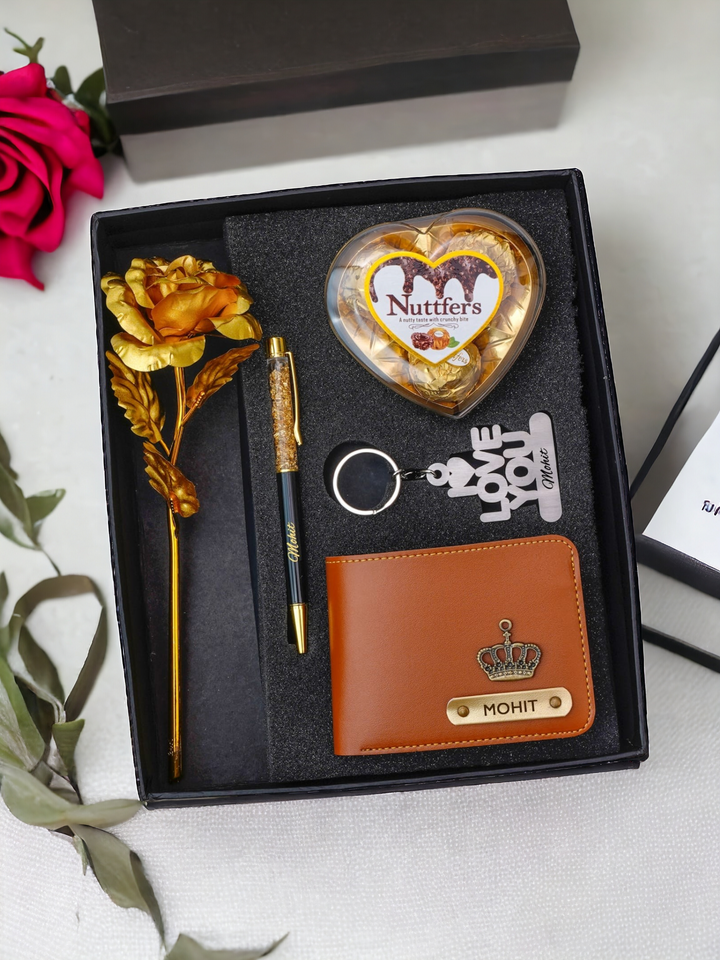 Valentine's Gift Set: Personalized Wallet, Chocolate, Keychain, Rose, Pen