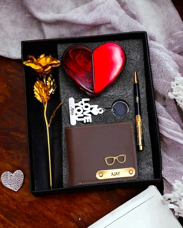 Valentine's Gift Set 2: Personalized Wallet, Heart Spray, I LOVE U Keychain, Golden Rose, Pen