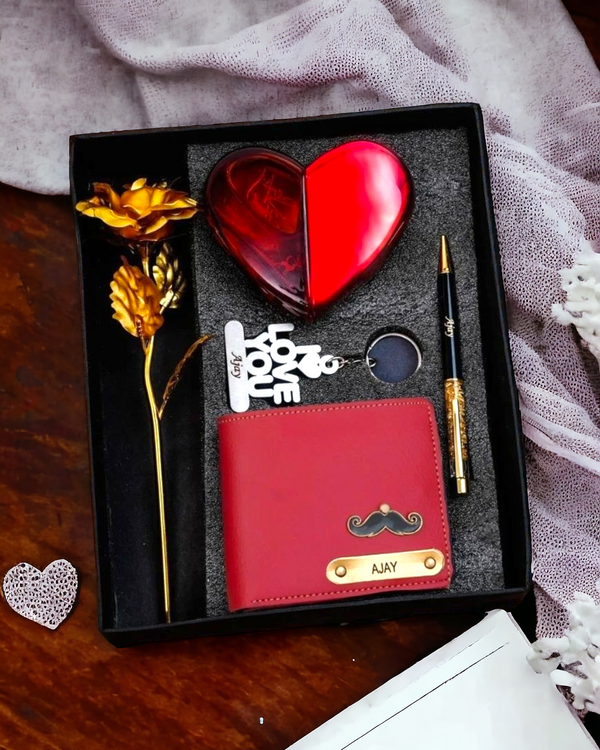 Valentine's Gift Set 2: Personalized Wallet, Heart Spray, I LOVE U Keychain, Golden Rose, Pen