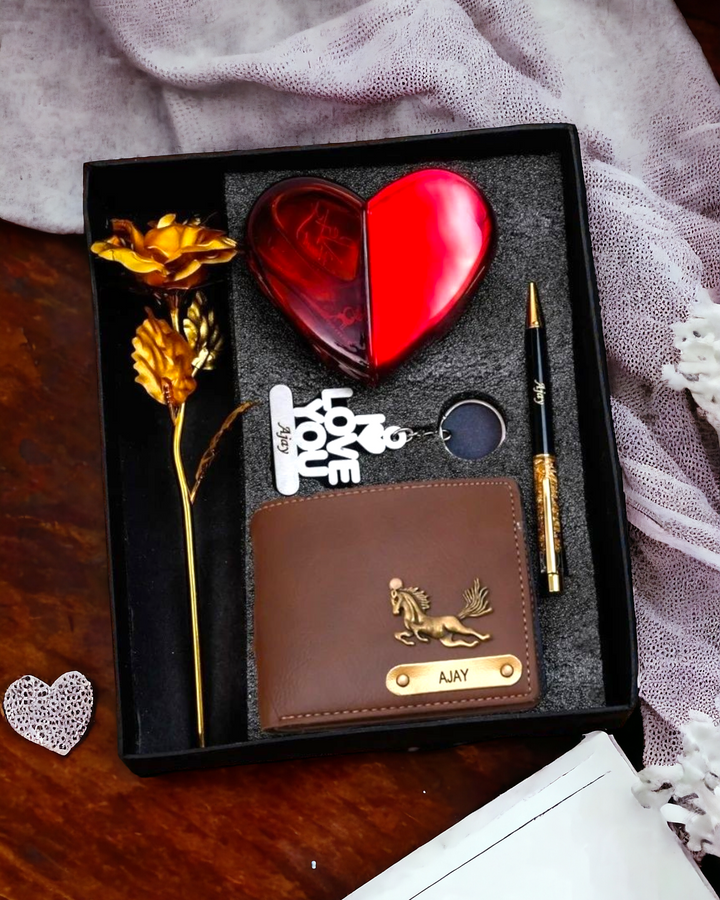 Valentine's Gift Set 2: Personalized Wallet, Heart Spray, I LOVE U Keychain, Golden Rose, Pen