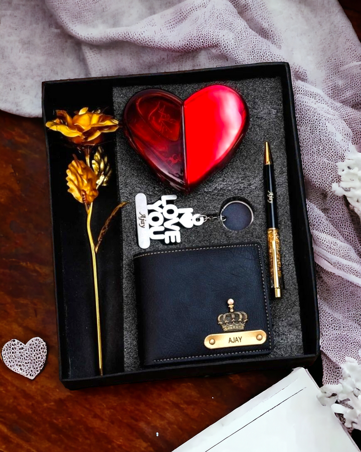 Valentine's Gift Set 2: Personalized Wallet, Heart Spray, I LOVE U Keychain, Golden Rose, Pen