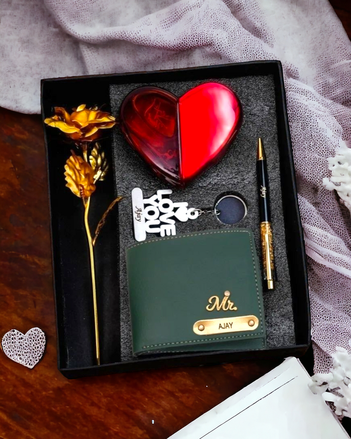 Valentine's Gift Set 2: Personalized Wallet, Heart Spray, I LOVE U Keychain, Golden Rose, Pen